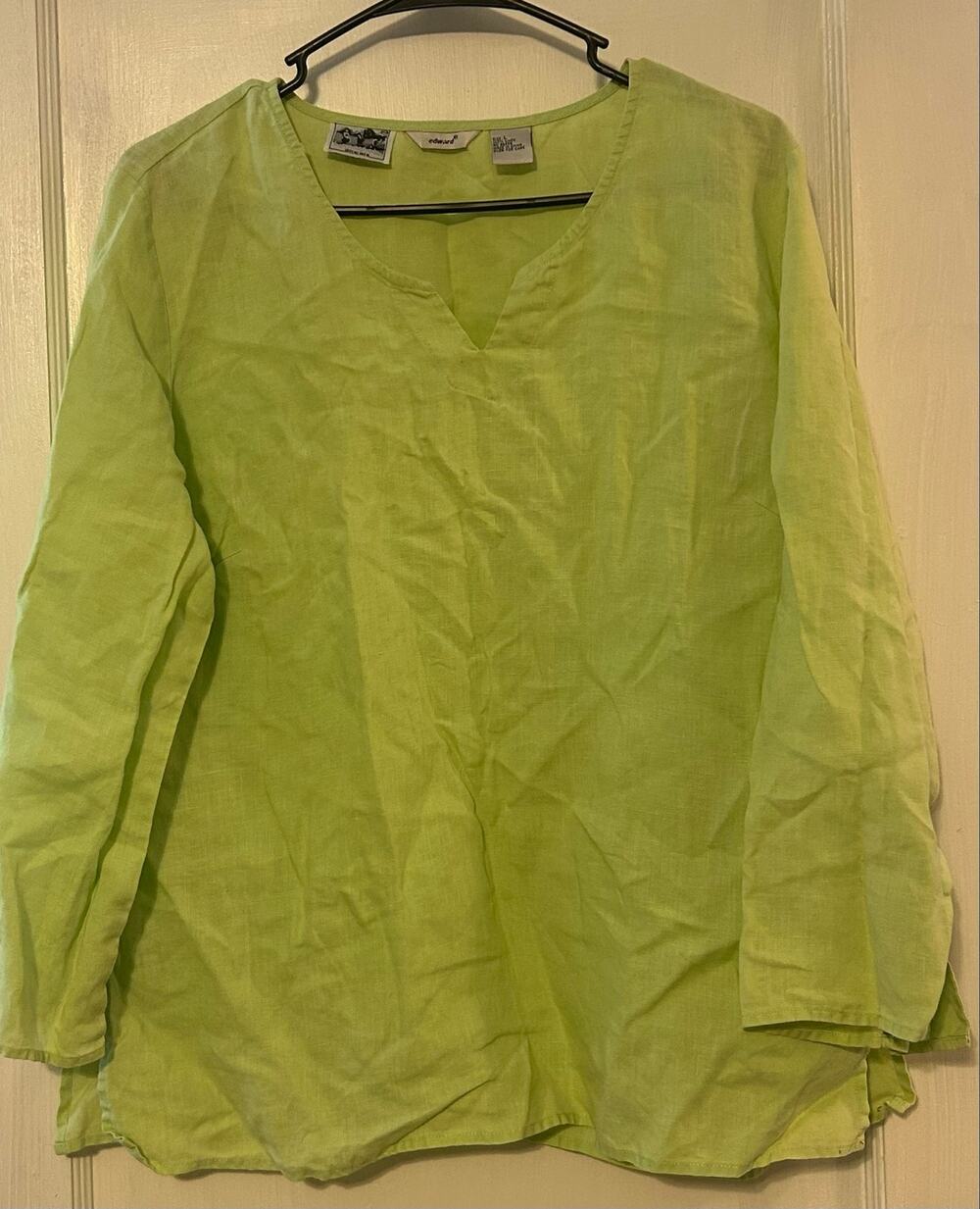 edward womens 100% Irish Linen Blouse w/ Split Neck & Sleeves Size Large Green